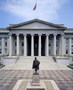 Treasury Building in Washington, D.C., with Statue of Alexander Hamilton in Front