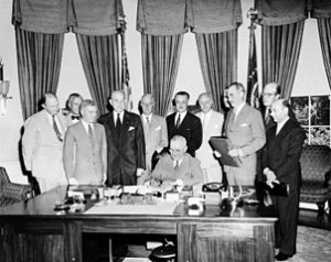 Truman and Diplomats Signing NATO Treaty