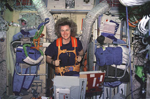 Shannon Lucid working out on a treadmill aboard Mir
